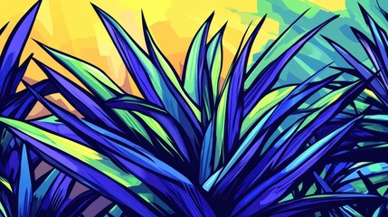 Vivid Blue And Green Tropical Plant Leaves Art