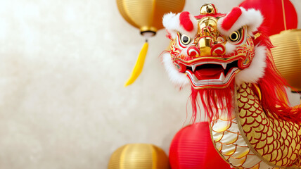 Festive lion dance symbolizes celebration and cultural heritage, ideal for businesses focusing on Chinese New Year, promoting Lunar New Year festivities, traditional festivals.