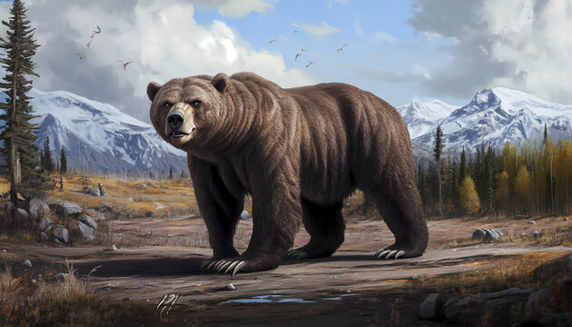 Big bear walks through a serene landscape