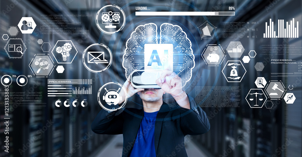 Poster smart business man with headset standing at data center while using ai assistance. project manager p