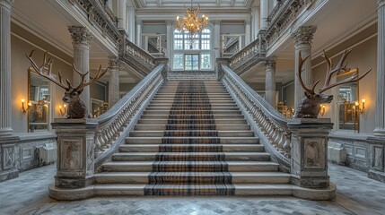 Grand Marble Staircase With Antler Decorations