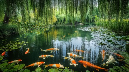 Obraz premium A tranquil pond surrounded by weeping willows, with colorful koi swimming lazily