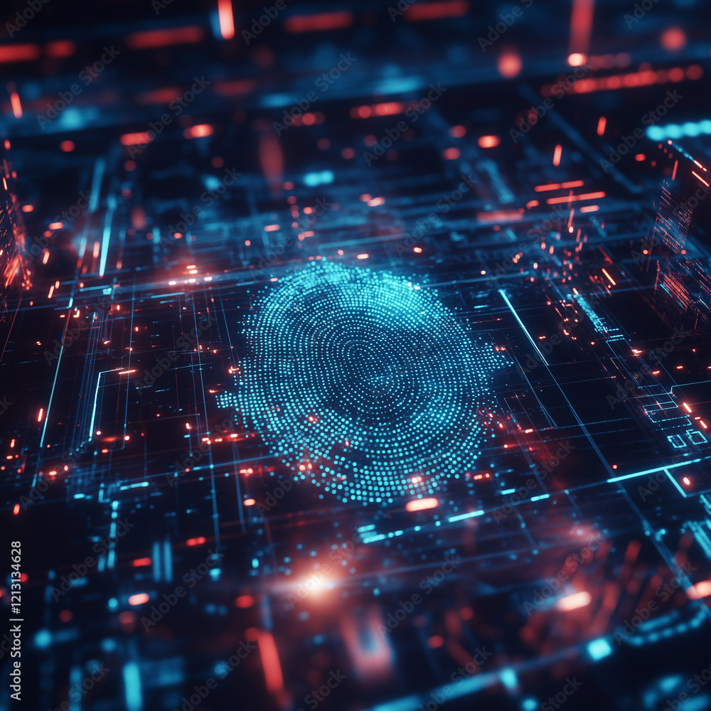 Poster futuristic biometric security: digital fingerprint scan on luminous holographic interface data blue