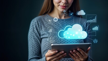 Woman looks at tablet displaying cloud tech concept. Digital tech interface shows connectivity. Modern tech, innovative cloud system. Cloud computing concept. Woman interacts with digital tech.