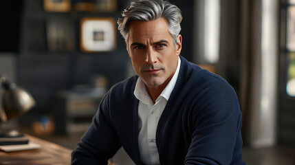Obraz premium Thoughtful man with silver-gray hair, wearing a navy blue cardigan over a white shirt, sitting at a wooden desk 