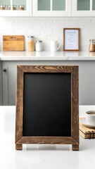 Mockup of a small chalkboard sign placed on a counter, perfect for showcasing custom text, drawings, branding, caf&eacute; menus, or event signage.