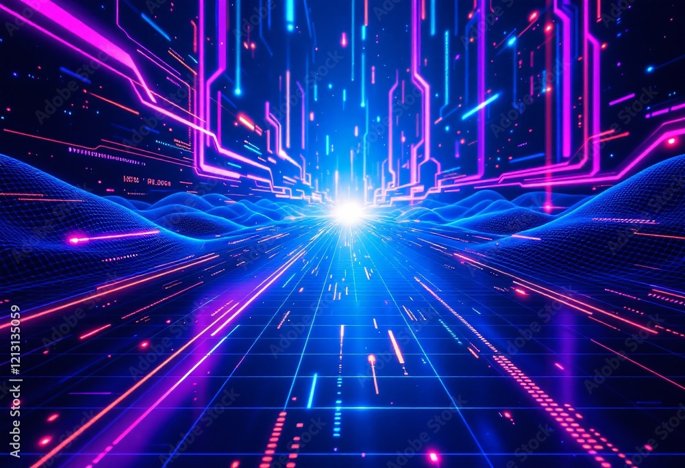 Poster digital tunnel with neon lights and speed effect. abstract futuristic cyber background with blue and