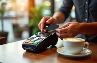 Close-up of hands paying with credit card at cafe point of sale terminal. Person holding credit card, inserting in device. Customer hot drink on table. Payment transaction in progress. Casual cafe
