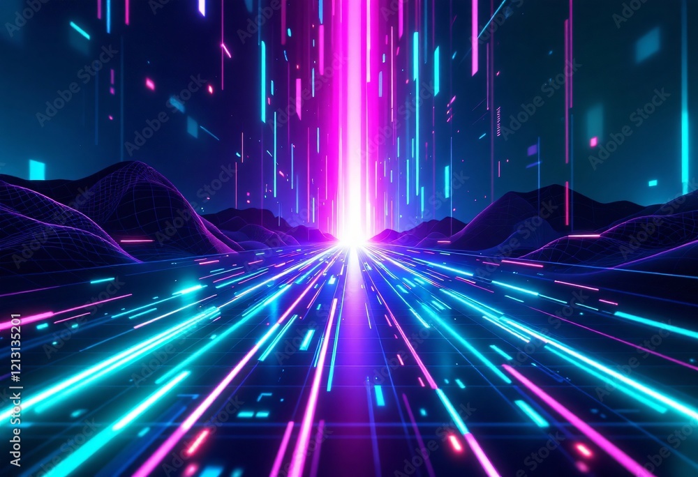 Poster neon cyber tunnel with bright magenta beam of light. retro wave digital landscape with glowing lines