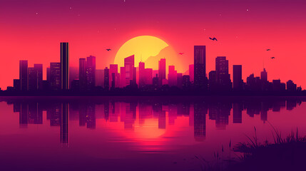 Obraz premium A modern urban skyline silhouette reflecting on water at dawn, showcasing a blend of minimalistic architecture and vibrant colors in a contemporary cityscape. Vibrant Horizon. Illustration
