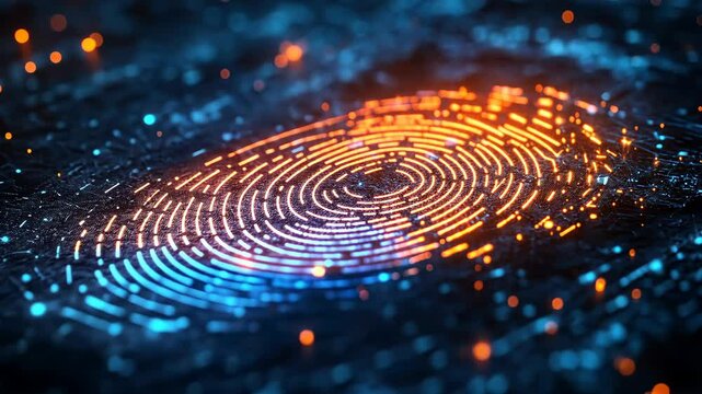 Glowing digital fingerprint animation with moving particles and neon highlights