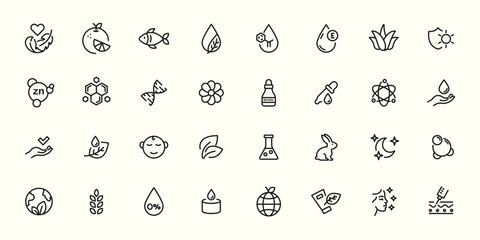 Organic cosmetic icon set. Eco cosmetics icon. Organic natural products. Natural cosmetics. Eco friendly, sensitive skin, vegan, paraben, antibacterial, allergen free, lab tested. Editable Stroke.