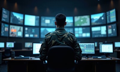 Fototapeta premium Military personnel in a high-tech command center monitoring multiple screens, showcasing advanced operations, technology, and strategic decision-making in a secure environment