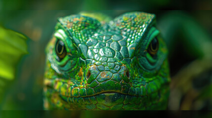 Obraz premium Junglecore-Inspired Symmetrical Close-Up of an Expressive Lizard in the Green Jungle, Showcasing Its Wild Beauty and Nature