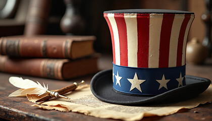 Patriotic Uncle Sam hat with quill and vintage books