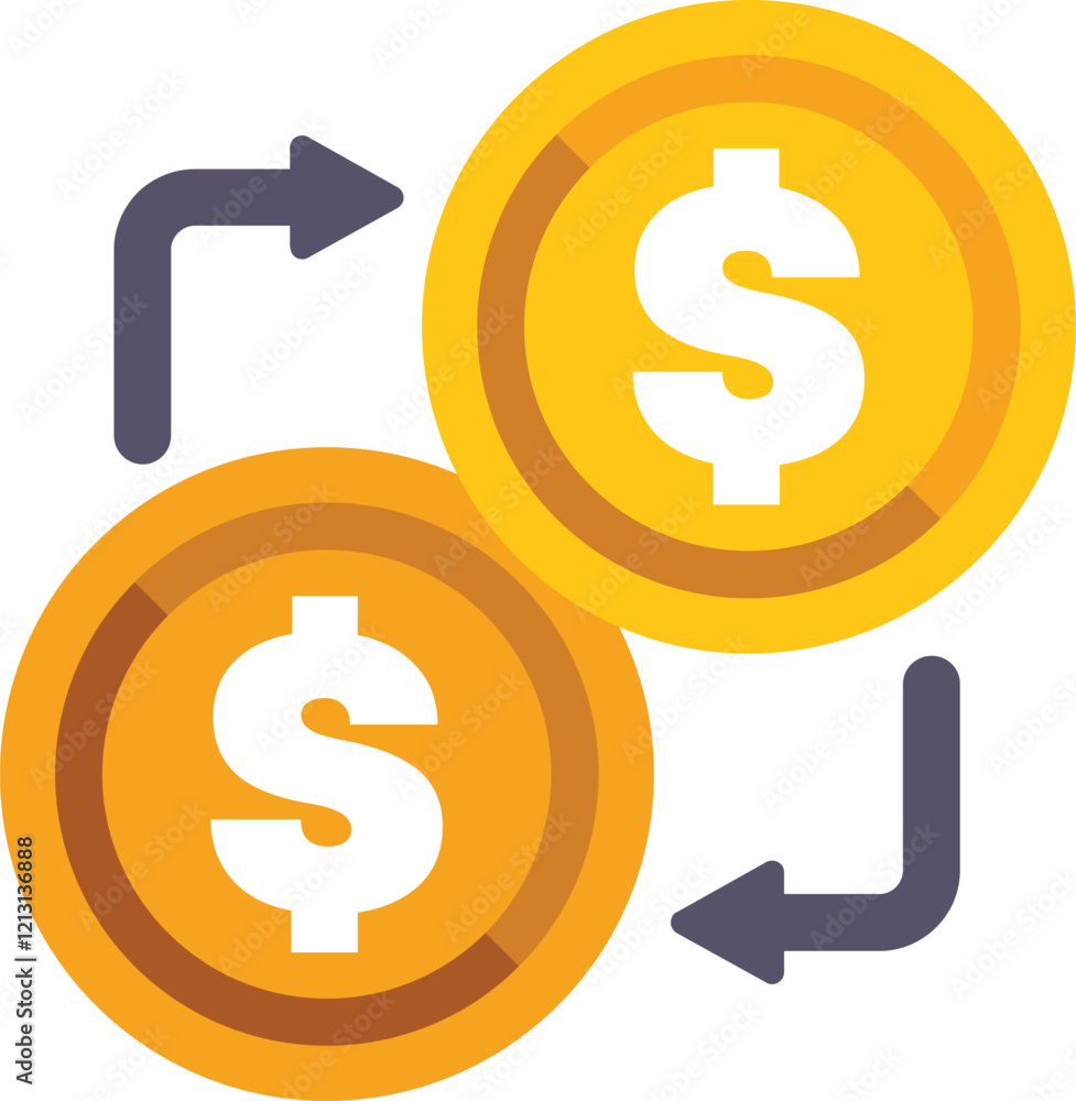 Poster two golden coins exchanging currency with arrows illustrating financial transaction