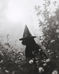 Vintage Halloween portrait of Black cat wearing glittery witch hat in foggy wild flower garden, black and white film style