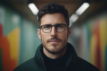 Obraz premium Portrait of a confident man wearing glasses standing in a colorful corridor with focused expression. urban style and confidence concept