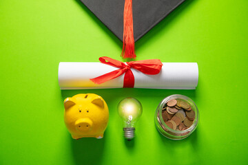 Graduation cap, diploma, coins, piggy bank and light bulb.