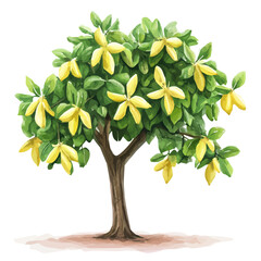 Fototapeta premium Carambola Tree with Fruit – Lush Watercolor Vector Illustration, Tropical Fruit Tree Design, Nature-Inspired Artwork, Vibrant Carambola Tree with Starfruit Vector. 