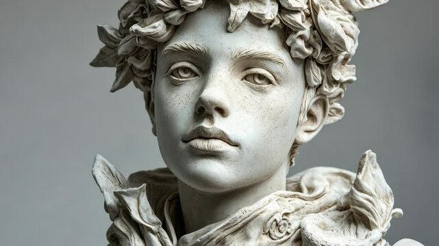 Dynamic rotation of classical marble bust with detailed leafy crown