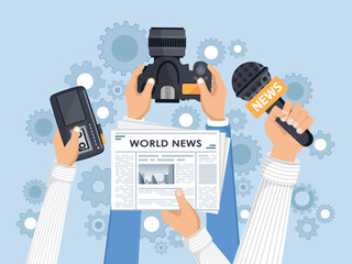Journalism. Camera and photos. Mass media, television, interview, breaking news, press conference concept. Flat vector