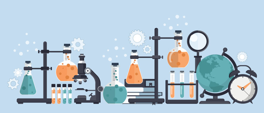 Laboratory equipment banner. Concept for science, medicine and knowledge. Flat vector illustration