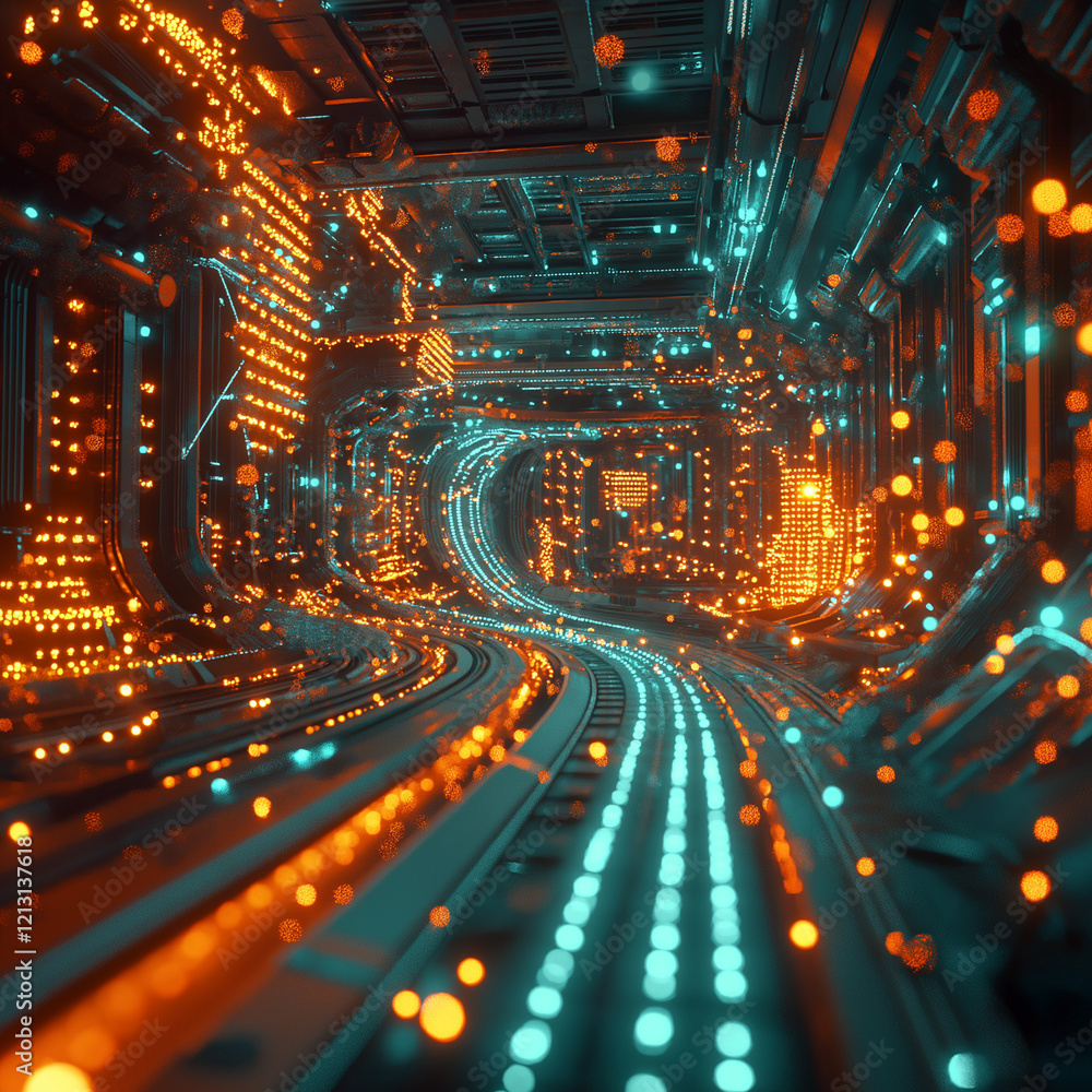 Poster luminous data network: glowing nodes & fiber optics interconnect web light design future bright