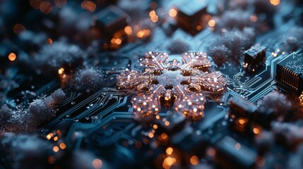 Frozen Futuristic Harmony: Glowing Circuit Boards Encased in Ice, Blue and Silver Technological Fusion