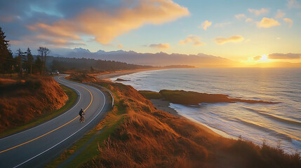 A cyclist speeding along a coastal road during golden hour.