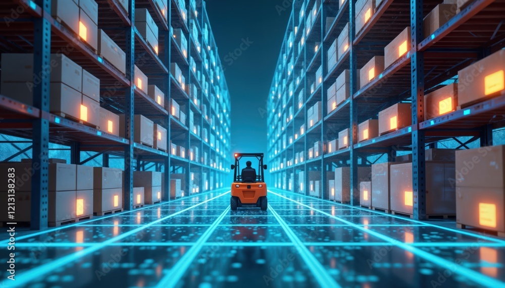 Aufkleber futuristic warehouse with automated forklift navigating through tech-infused floor. high-tech storag