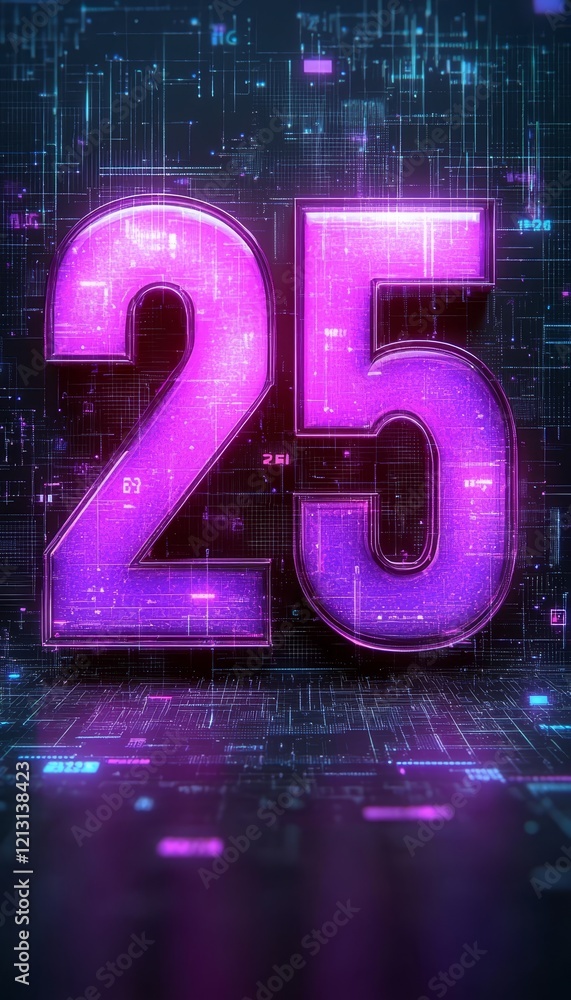 Poster glowing purple number 25 on a futuristic technological background with a depth of field effect