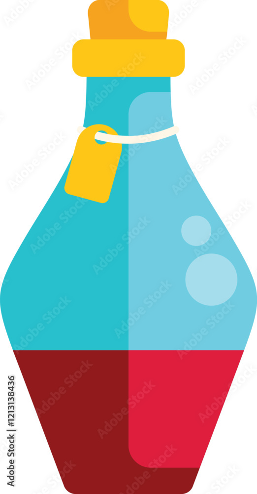 Poster glass bottle containing red potion with cork and label is waiting to be used by alchemist for magica