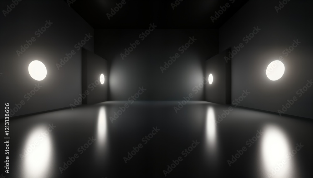 Poster Dark studio space with bright spotlights. Minimalist design with smooth surfaces. Modern lighting technology. Futuristic studio. Empty room. Art design. Digital generated. High dynamic range imaging.