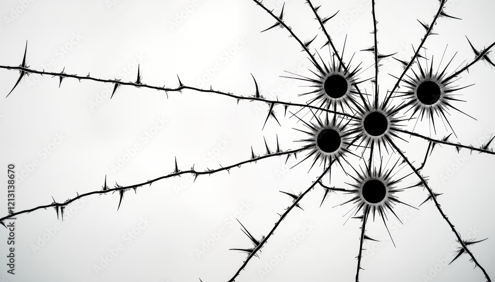 Poster abstract illustration of bullet holes in glass with radiating cracks. sharp thorns radiate outwards 