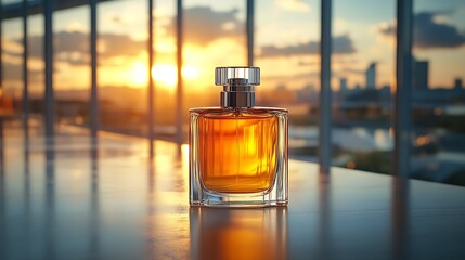 bottle of perfume sits on a table, bathed in the warm light of a sunset