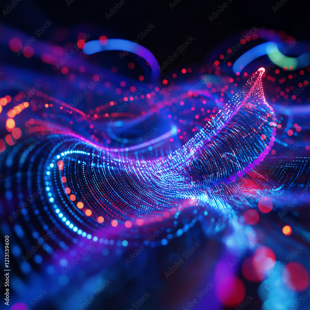 Poster cybernetic code trails: abstract light painting digital art data neon dark flow bits lines space