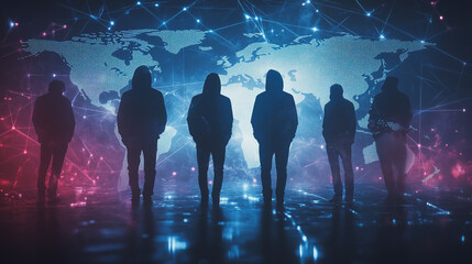 Fototapeta premium Hacker are planning to hack and attack networks and cyber security systems.team people innovation connection of line from nail node to node on map background , networking concept