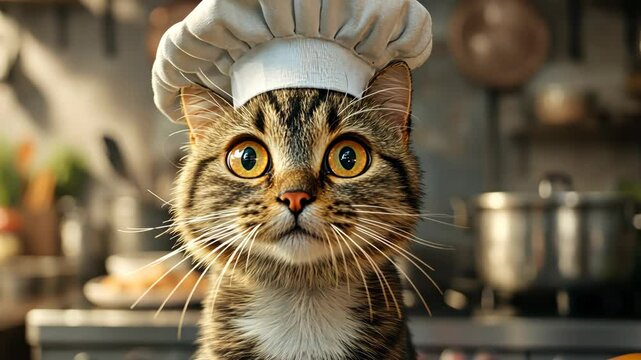 Curious cat chef in kitchen expresses surprise and wonder while cooking
