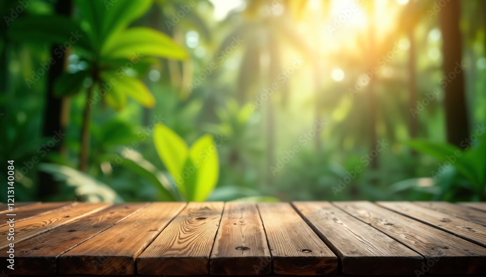 Poster empty wooden table in bright tropical rainforest setting. blurred green vegetation, sunlight create 