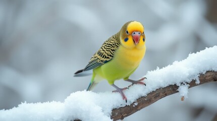 Fototapeta premium Cheerful Parakeet on Snow-Covered Branch