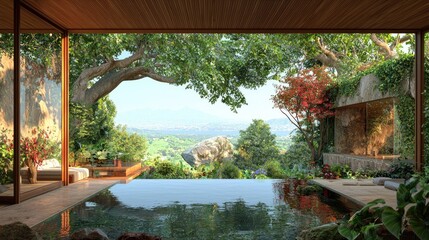 Mountain view infinity pool, lush garden, tranquil spa retreat