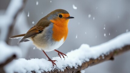 Delicate Robin on a Snow-Covered Branch