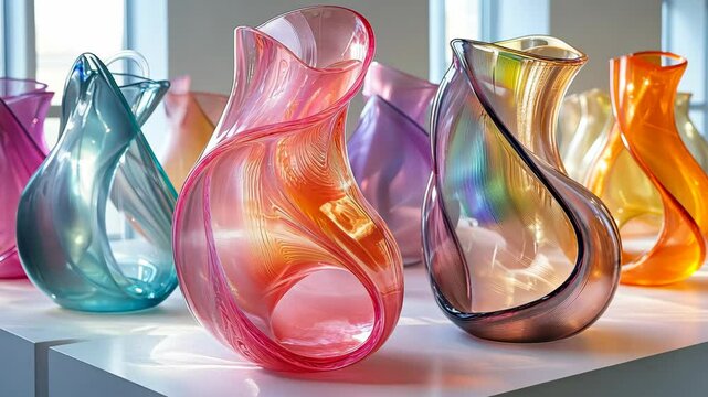 Vibrant glass vases shimmering in sunlight with a spectrum of colors