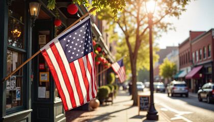 American flag on small town street with festive decorations