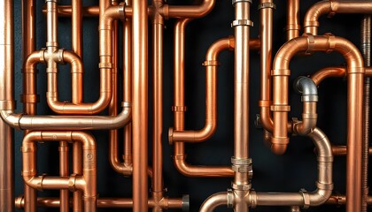 Shiny copper pipes with bends, joints, and fittings, reflecting light against a dark background.
