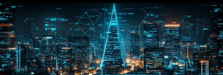 Futuristic Cityscape With Interconnected Network And Illuminated Buildings, Digital Hologram City.