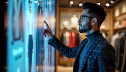 Man in stylish suit examines clothing options on interactive display screen in modern fashion retail store. Uses touch screen for browsing clothes. Shopping experience using advanced technology.