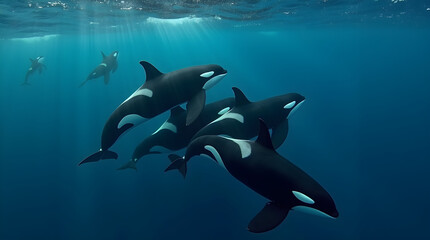 Majestic Killer Whales Swimming Together in Harmony