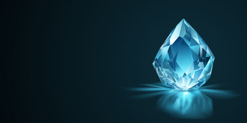 Large, faceted light blue gemstone with multiple reflective surfaces, with shadow and reflect, set against a dark background.